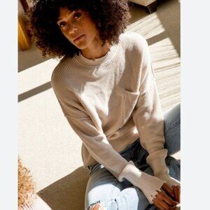 Pistola Daria Long Sleeve Crewneck   Distressed Pocket Cotton Sweater Cream Sz S